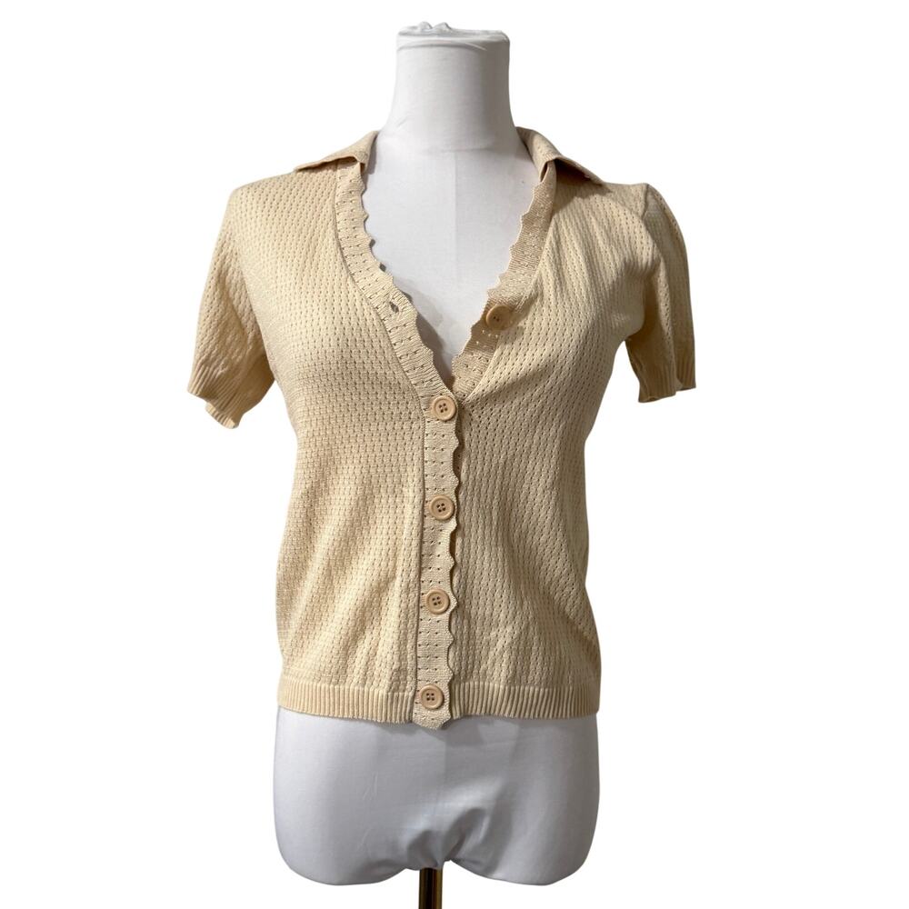 NWT RIHOAS Cream Pointelle Knit Polo Cardigan Top Short Sleeve Medium Office